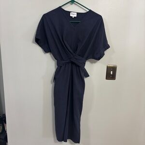 Frnch Paris linen blend navy blue midi dress large